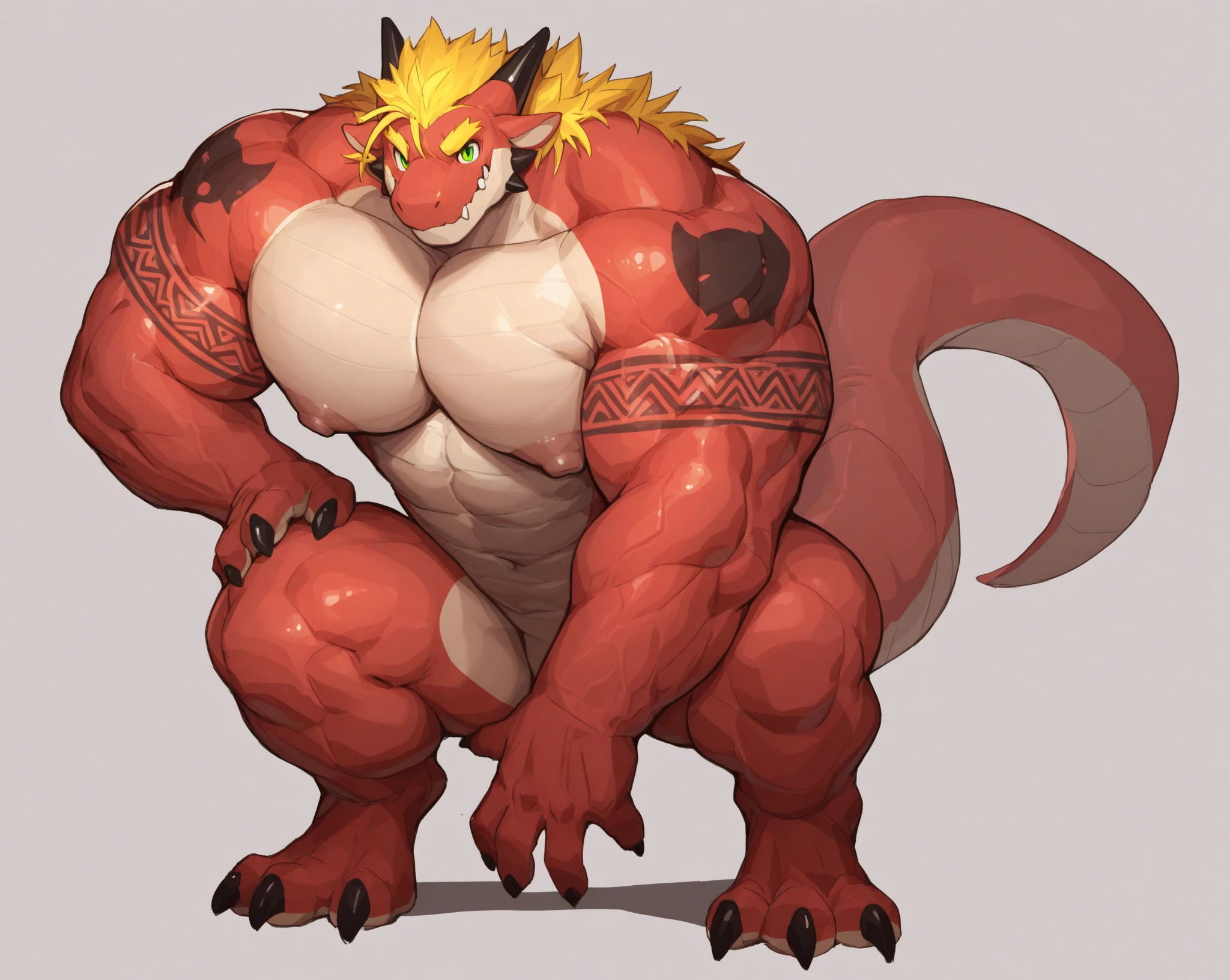 ultra-detailed, masterpiece, masterwork, high quality, best quality, hdr, (nature, japanese style), nsfw, male, solo, chibi, dragon, ((nude, micropenis, foreskin, perfect balls)), (little red body minotaur), (white chubby body), (long golden hair, yellow eyes, cool eyes), sitting, dynamic angle, earrings, sweat