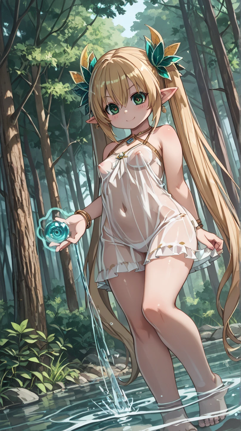 (MASTERPIECE), (Best Quality), (Ultra Detail), (Best Anatomy), Official Art, One Girl, Lori with Light Hair, Petite Little Girl, Goddess, See-Through Robe, Small Breasts, Cleavage, Off Shoulder, Underboob, Side Boob, Thigh Focus, Navel Out, Low Angle, Wet and See-through, Chest Stretching, Card Illustration, Deep Forest Fountain