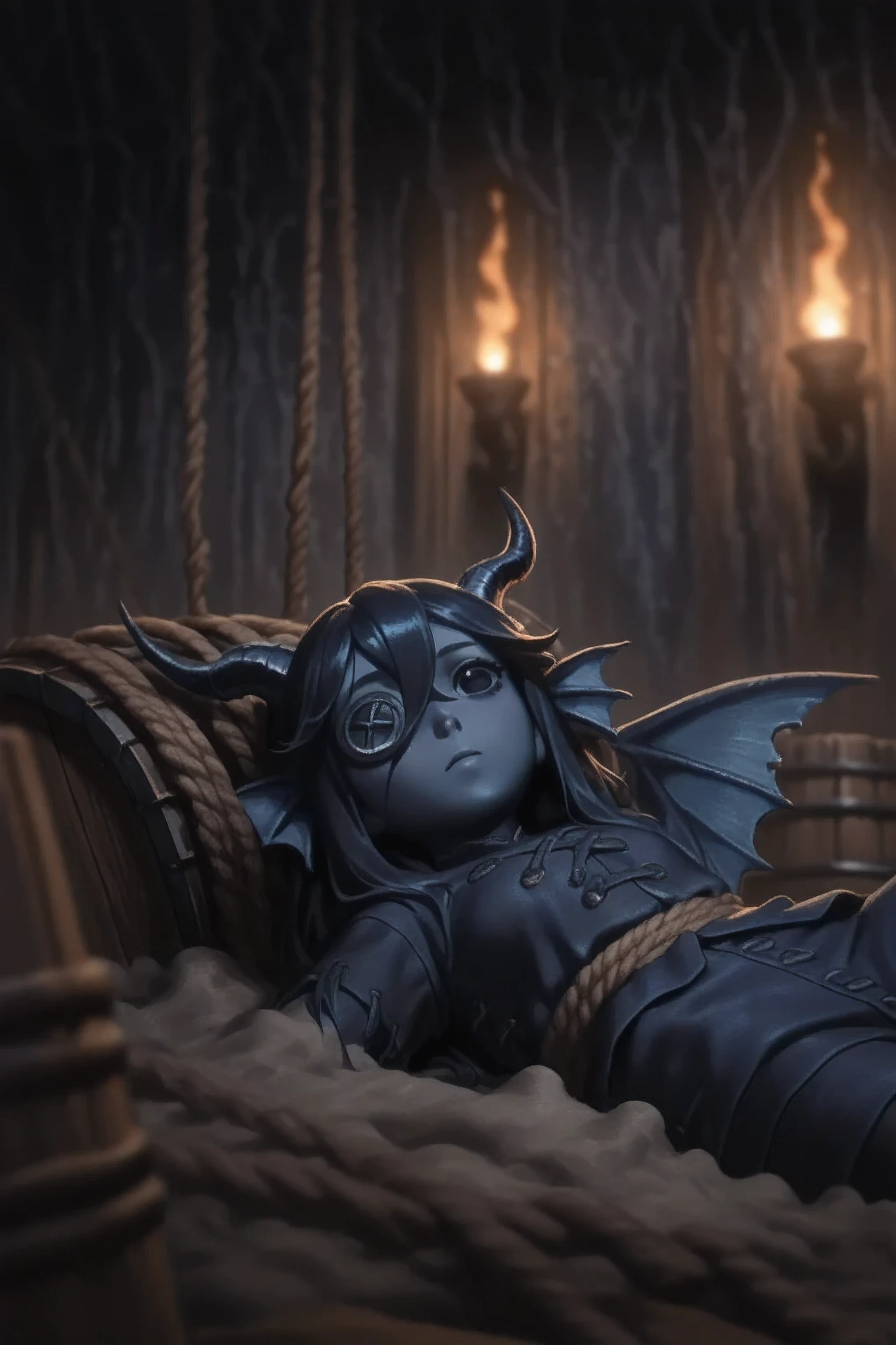 In the foreground, an inclined view sits on top of a small long blue fish, an abandoned rag doll made entirely of thread (with buttons instead of eyes), (dark blue-grey body:1.4) , the doll has fins on its head, doll, the doll has black hair and horns on her head, and a long, thick dragon tail is visible. Against the background, the wooden hold of an ancient ship running at an angle, , you can see a dark lattice covered with moss. A black button is sewn instead of one eye, Inside the huge hold of a ship filled with large wooden barrels and rolled ropes, Medieval atmosphere in the light of a torch. Heavily blurred background. highly detailed. high sharpness. thread texture.In the foreground, ropes and wooden barrels are very blurred and darkened.