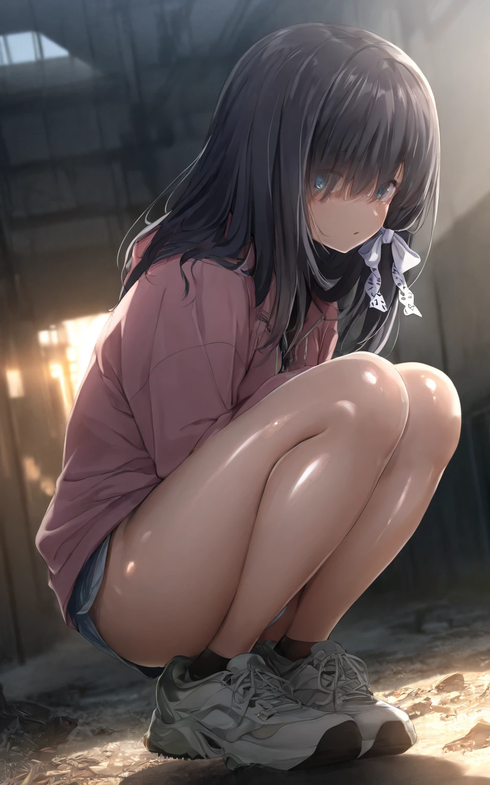((masterpiece,Highest quality;1.3,best illustration)),before rape,cowboy shot,1woman、独奏,25 year old beauty,((very small head:1.5)),dark brown hair,long hair,bangs,brown eyes,gorgeous eyes,blush,be scared,small breasts,((very long body:1.3)),((toned body,slender body,skinny)),gleaming skin,shiny skin,oily skin,(wet,Torn clothes、Black zip-up hoodie outer jacket、White tight T-shirt、denim micro shorts)、White sneakers、kneeling,Storage shed、at night、nsfw,