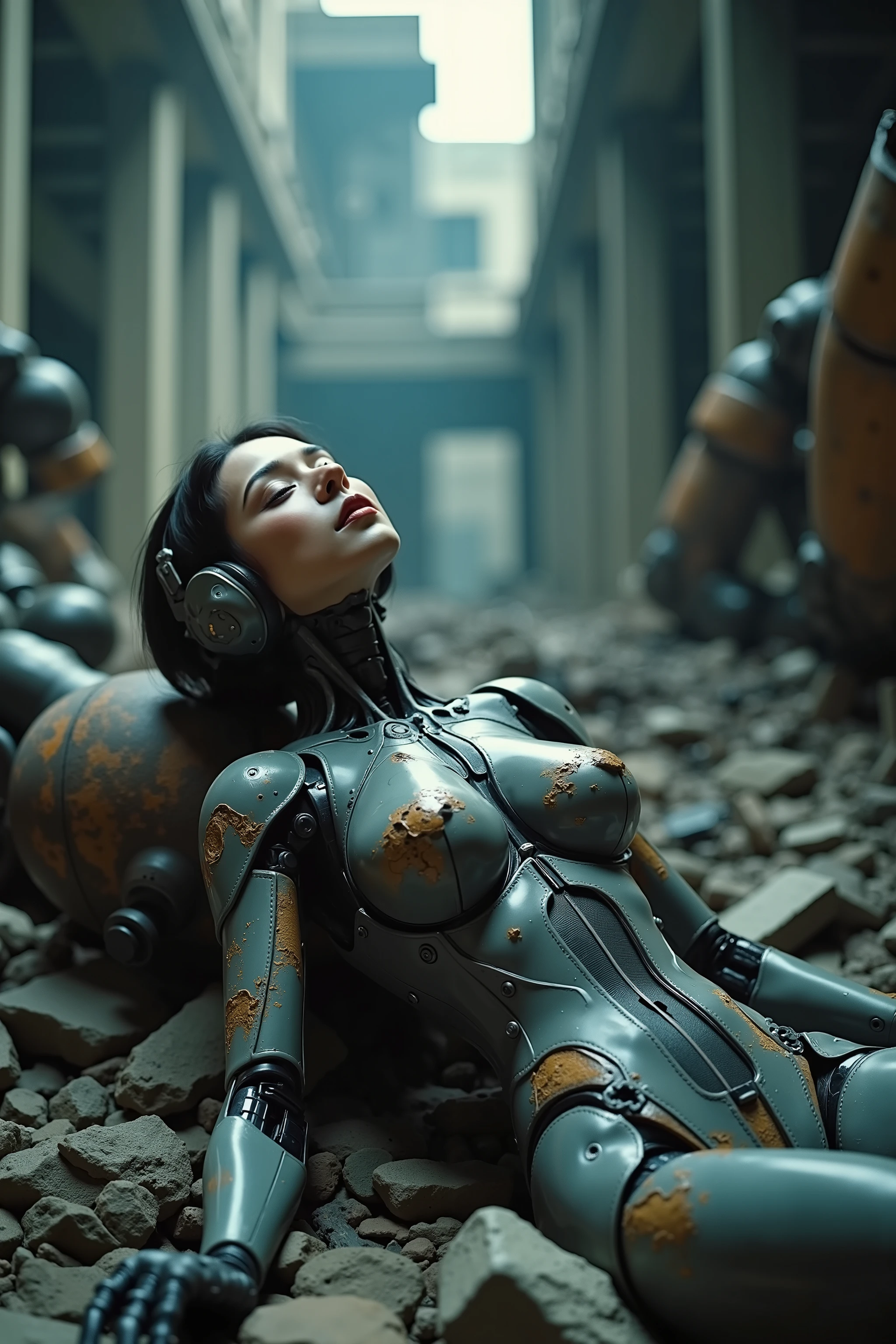 A damaged female android lies on a pile of rubble in a deteriorated ruin. The android's face is cracked, with closed eyelids, and exposed mechanical parts are visible through the damaged, dirty exterior of its body. The android's expression appears serene despite its surroundings. The environment consists of fallen concrete, broken machinery, and scattered debris. The scene is dimly lit by natural light filtering through the ruins, casting a moody atmosphere across the deteriorated mechanical and architectural elements. Photorealistic photography with dramatic low-key lighting and sharp focus on textural details.