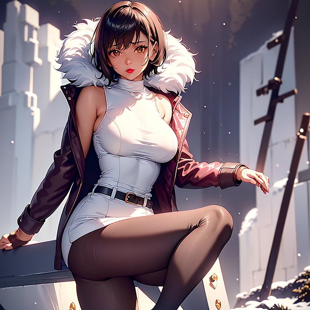 (photorealistic:1.5, highest quality,masterpiece,High resolution,muste piece),snow mountainに立つ1人の23歳の女性,bondage,(white swimsuit:1.5,Down jacket:1.3,choker), detailed eyes:1.7,detailed eyes:1.8,beautiful skin:1.8, (looking at the camera:1.2),(Seen from behind:1.3),(Medium Hair:1.2,light brown hair:1.5), expression( Sly Smile:1.3),Pause( Seductive pose:1.5),background(snow mountain:1.5,ruins,apocalyptic world),(Medium chest,slender, abs:1.2), (Underwear visible through clothing),(Butt visible through clothes),(detailed perfect face),normal hands:1.5,normal finger:1:5,normal feet:1.5,(cameltoe)
