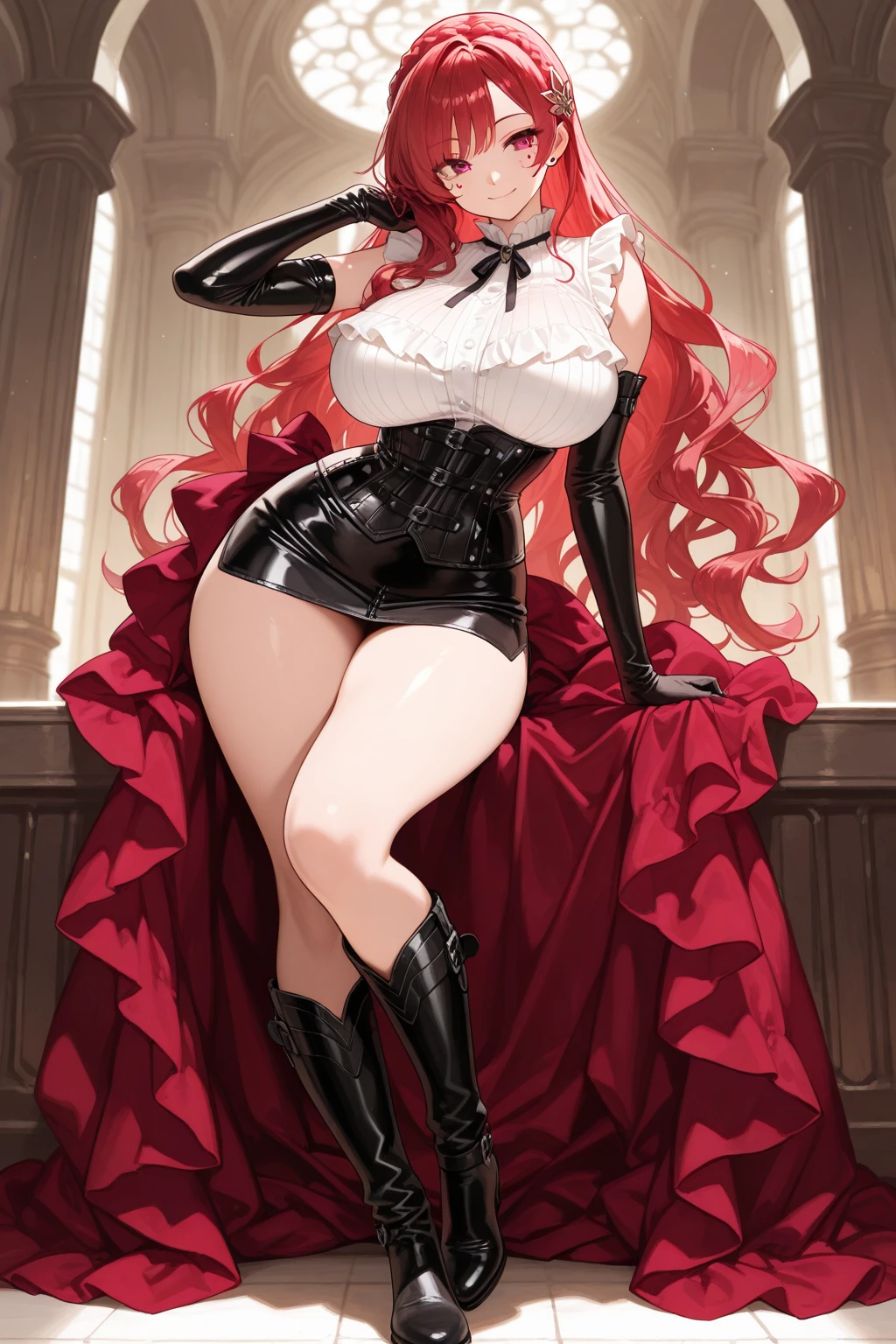 "NSFW An anime girl with blue eyes and long red hair. The artwork must be of the best quality, high resolution, and vibrant colors. Must be full body style, with soft lighting illuminating the scene, front viewer eyes, dress detailed with gold, high heels detailed with gold"