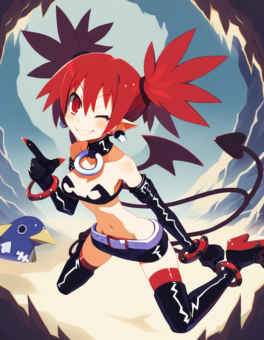 Dwarf, pygmy, slim, , cat eyes, chestnut-like mouth, red cheeks, short, messy blue hair, amber eyes, dark skin, tan sports bra, leggings, gloves, short boots, belt, choker, white fur hood, belly button, crotch, thighs