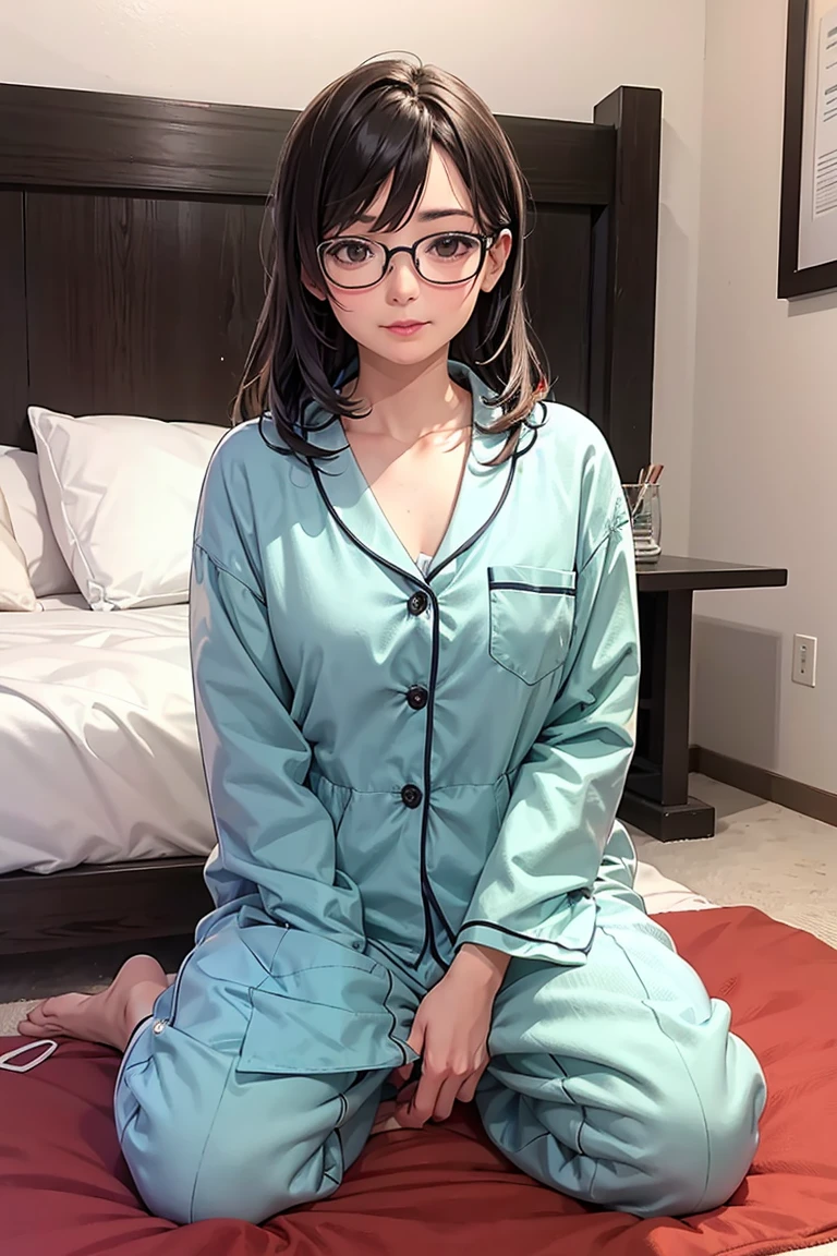 Photo Real、photoRealstic　hime-cut、Himecut、Blunt bangs、side locks、Side lock to cover the cheeks、half up　drooing eyes、big eye、Shining eyes、The contours of the face are round、Young Face、a baby face　25-years old、young body、Soft thighs、Infirmary Teacher　Rough T-shirt、Long T-shirt、shortpants、耳Nipple Ring　Adult Pose、gently smiling、Laughing expression、Smiling　Background with、Infirmary、Large room