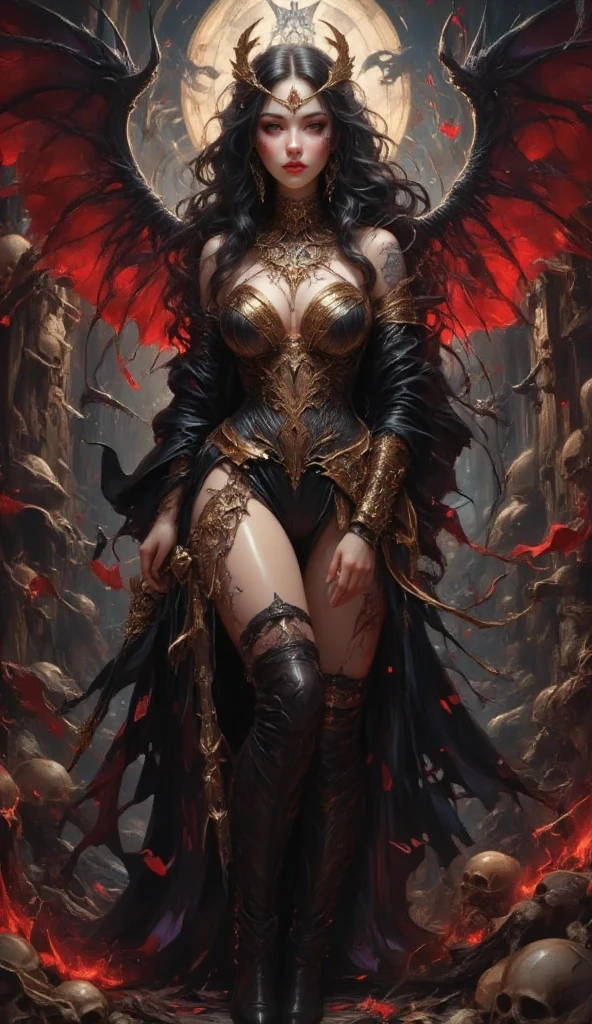 (masterpiece,top quality,Best Quality,official art,beautiful and beautiful:1.2),Scene depicting the Goddess of War in hell with a fiery red demon ((with wolf ears)).,She is a big giant,She is a charming princess,She is a strong warrior,fire,Lightning in the sky,magma,At the foot of the mountain,mountains in the distance,(elelementodefire:1.4),现实的fire,very realistic,correct anatomy,full body shot,convex,nice big breasts,violent house,,Plum,unfulfilled longing,Alone genitalia, camel toe,sexy gesture,,((Sex huge breasts cleavage,big hips )), Alonefoot,sexy gesture,Fist to meat,(zentangle,mandala,Tangled up,enTangled up)(Hairy and fleshy,Alone ,),Woman delicate face,美丽delicate eyes,correct anatomy,detailed face, delicate eyes,divine light,gold paper,gold paper艺术,deep bottom,absurd,wonderful and incredible,epic work,(intricate details,ultra detailed:1.2),Super real photos, epic reality, ((neutral color)),(pastel colours:1.2), surreal, + spring + dynamic composition, extremely detailed, Sharpen, Normal, warm light, light effect, dramatic light, (intricate details:1.1), complex background, (Greg Rutkovsky:0.8), (black and red:0.4),(((bare legs))), ((hourglass figure))