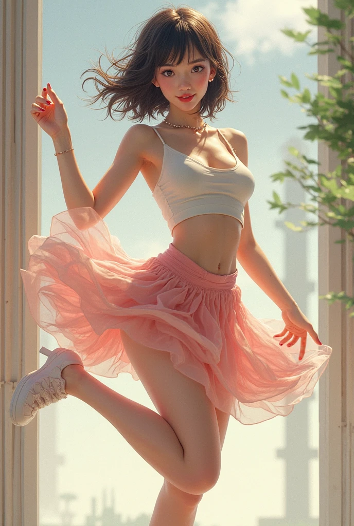 realisticlying,High picture quality,tmasterpiece,1girll,full bodyesbian,White double ponytail,Purple eye,glowing light eyes,Cut the top,High neck vest,Paul shirt,pinkskirt,perfect bodies,open waist,Exposing the skin of the legs,long leges,legs emphasized,parted lip,ssmile,fresh flowers,suns,rays of sunshine,high-heels,standing on your feet,symetrical composition,trichotomy,the ground looks up,low view lens,depth of fields,