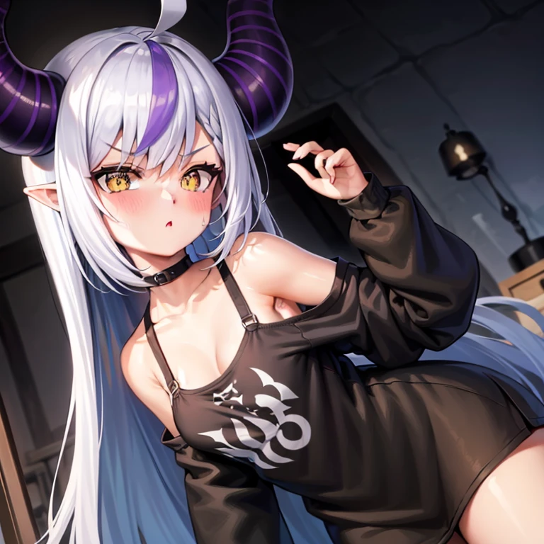 Long Hair, bangs, Grey Hair, Grey Eyes, Hair between the eyes、Ahoge、Cow print micro bikini, Cowbell, Headband with cow ears and horns, Get wet, (Breastfeeding stains:0.5), In a dirty barn, straw, On all fours, smile, View your viewers, Dutch Angle, Sagging_Huge_chest, Erect nipples, nature (black) Curly armpit hair, Unshaven pubic hair, Short statue, ((Dog food bowl filled with semen))