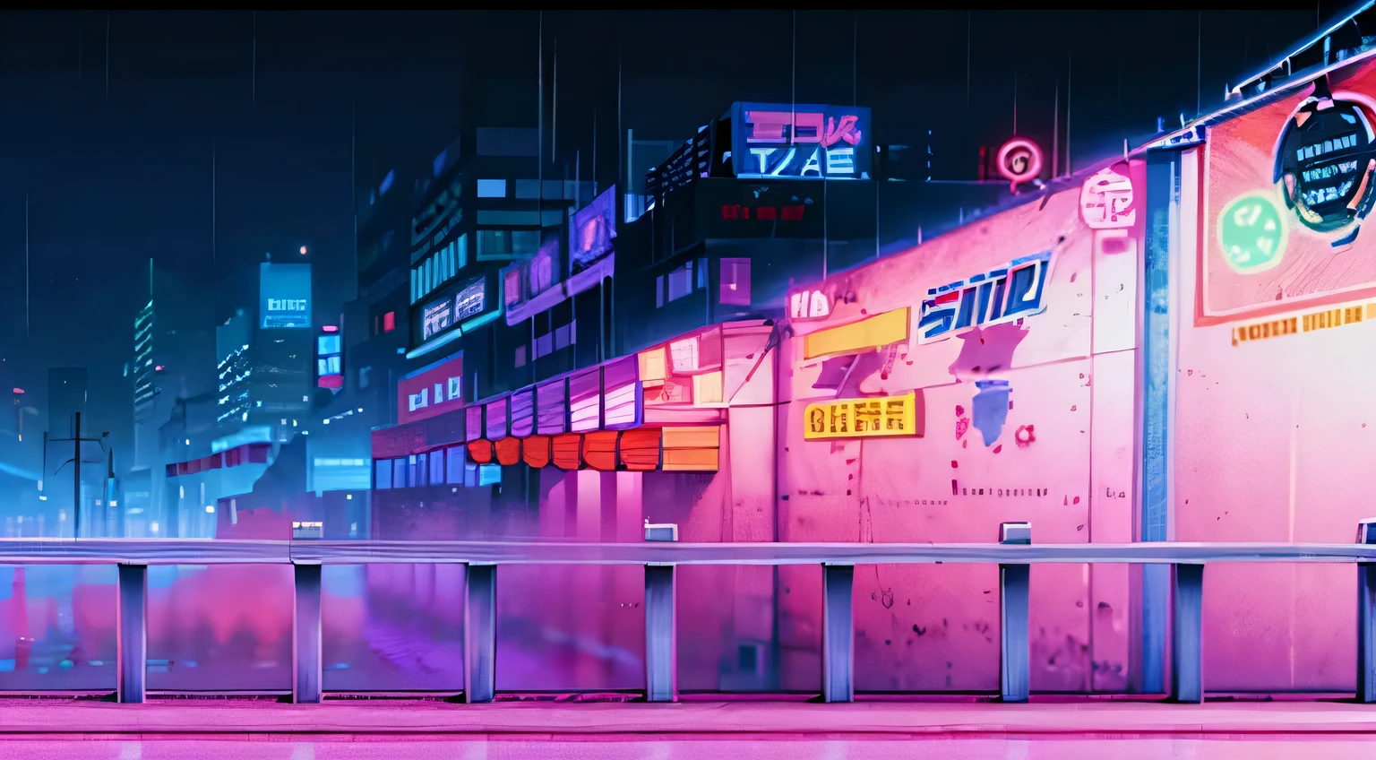 (A 2D side-scrolling hand drawn background that looks like a screenshot from a cyberpunk anime video game). (((90s anime style background))) Cyberpunk cityscape at night, viewed from the side. Ruined futuristic bus in the background. Platforms, pipes, catwalks, and signage layered at multiple heights. Fog in the foreground. Bright glowing Japanese signs, neon arrows, vending machines, and flickering CRT ads in the background. Purple, pink, and teal color palette. Shadows and rain reflections on the pavement. Side-view camera, perfect for a metroidvania or anime fighting game. Artistic direction inspired by 1990s anime and retro arcade games like Bladerunner and Akira.