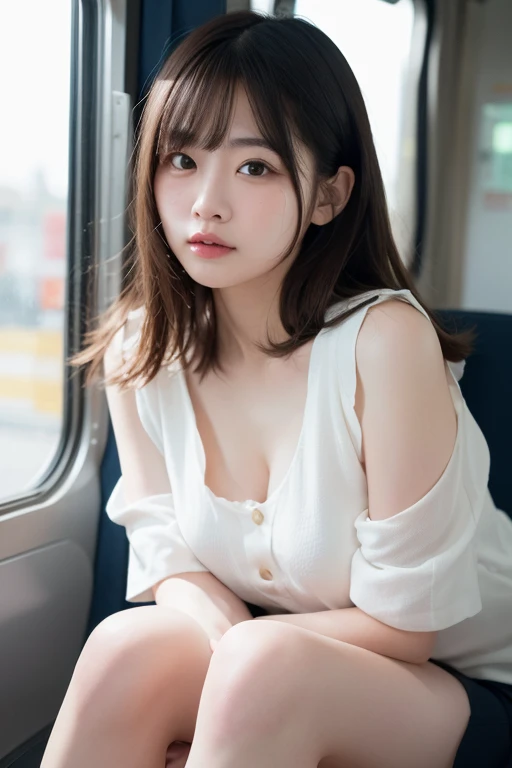 realistic photos of (1 cute Korean star) flipped hair, thin makeup, (big breasts size), sexy erotic tiny string of G-string lingerie, at the train station, clear facial features of Canon EOS, 16k, high resolution, sharp and realistic details, overexposure, cut-in, UHD, high res, best quality, full body into knee, skinny thighs, look at viewer