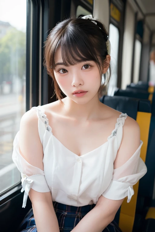 (((​masterpiece))),  (((cowboy  shot，sitting in a standing seat))，(One beautiful Japan girl, Innocence，kawaii) ，超A high resolution, Realistic, ultra-detailliert, 8K,top-quality, Extremely detailed, blurry backround,A slender,small tits，very beautiful japanese girl, Detailed face:1.3), (Short hair like a boy，A dark-haired :1.4), (a baby face，kawaii系,adorable 10 year old girl), (Perfect body:1.1),  (White sheer cardigan，Light brown pleated mini skirt), yawning being，A detailed face、Detailed lips、Detailed Big Eyes、small gravure idol，Transparent skin、lolita，carrying a small black backpack，Inside an empty train，Looking up from the ground，natta, Warm tones