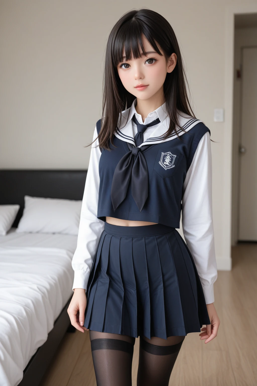 8k,Japanese,12 years old,Innocent face,Teenage Girl,cute,White camisole,Navy blue pleated skirt,Sitting,Black Hair,bedroom,Hair Clip,