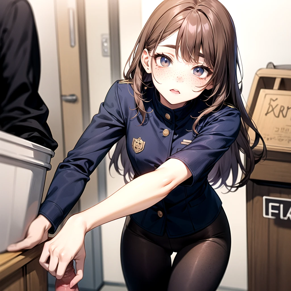 Masterpiece, best quality, (detailed face), minami kotori, curvy body ,white shirt,half sleeves,earrings, pencil skirt, necktie , standing,police cap,in police station,looking at viewer, cowboy shot, thighs, wide hips , arms behind back ,solo focus ,belt, pantyhose , skin tight ,Tape Gag , Tape Bondage