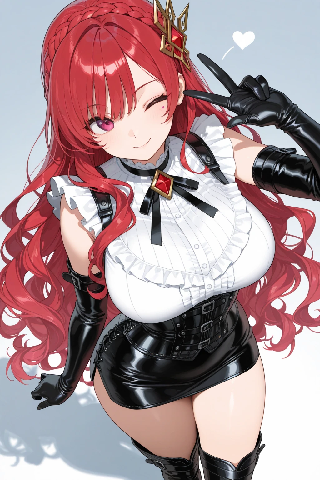 1girl, pointy ears, horns, solo, red hair, long hair, red eyes, bare shoulders, looking at viewer, huge breasts, gloves, elbow gloves, ahoge, hairband, black gloves, underboob, upper body, demon girl, hair intakes, very long hair, frills, slit pupils, parted lips,(shiny skin),(mature female:1.2),hindenburg \(azur lane\),