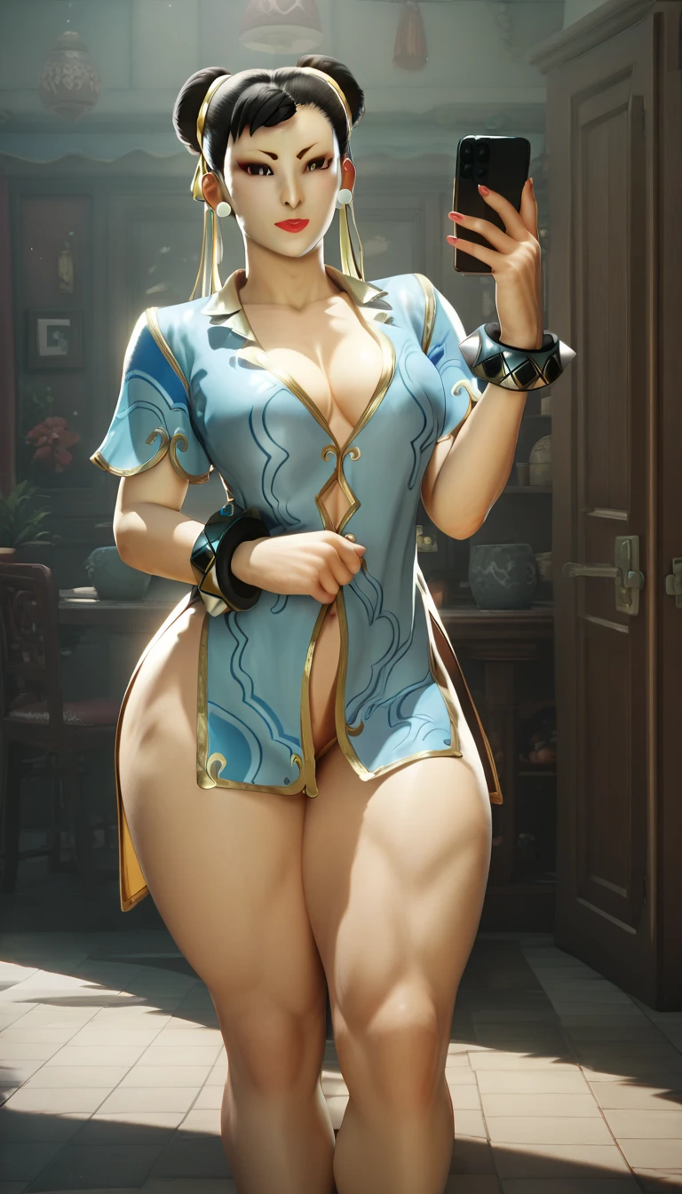 mulher arrafada de vestido azul posando em um banquinho com as pernas cruzadas, Chun-Li, portrait of chun-li, chun-li, chun-li, Chun-Li at the gym, portrait of Chun-Li, glamorosa Jill Valentine, renderizado em 4k, highly detailed soft lighting, inspirado em Leng Mei, renderizado em sfm, body shot of cinematic goddess