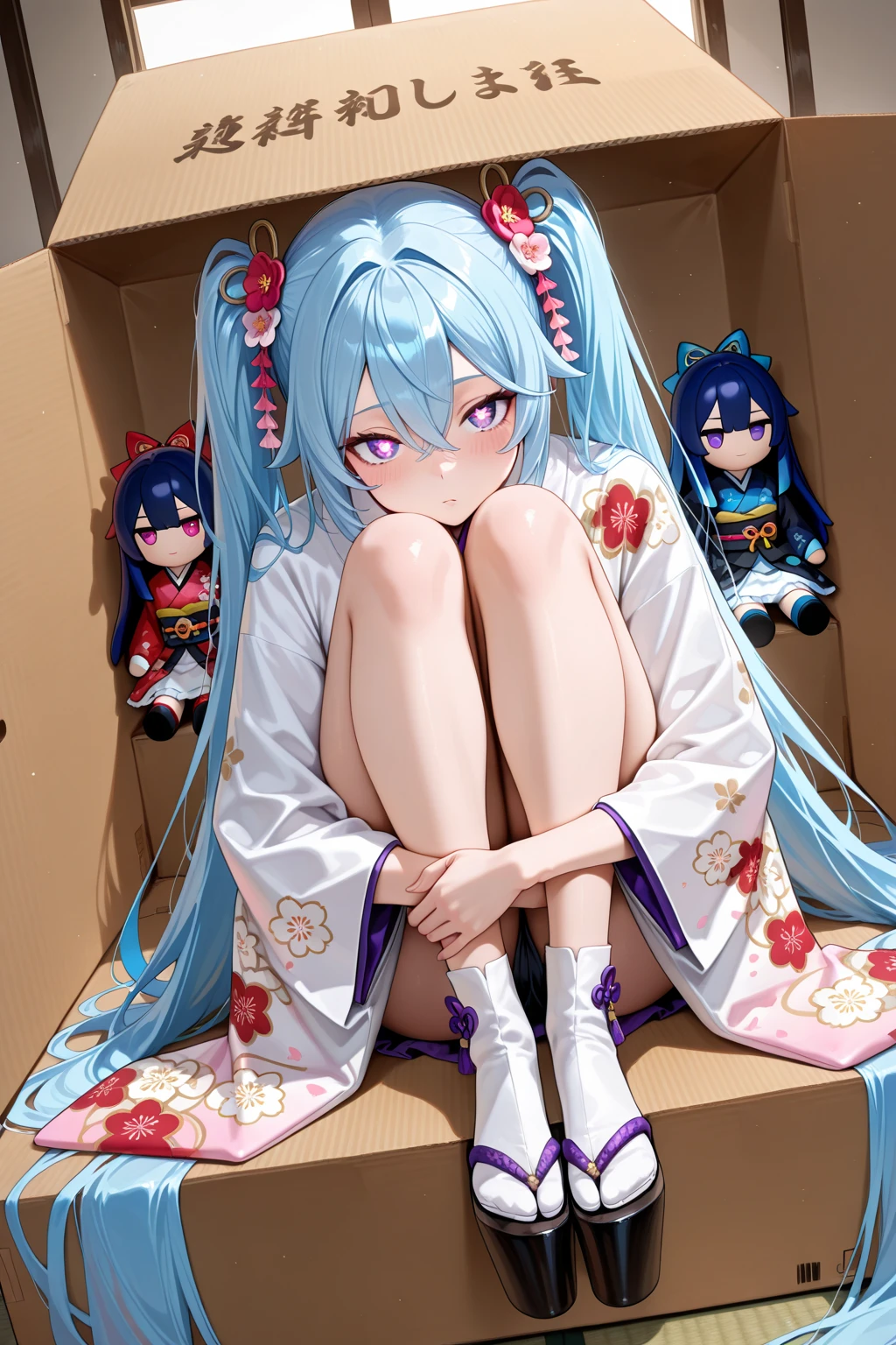 idol costume、frills、puffy short sleeves、Young Hatsune Miku,huge breasts,young girl,small 、squat with legs apart、striped panties、striped underwear,When I open my thighs, a large amount of white love juice drips out.、blush、embarrassed look、colorful