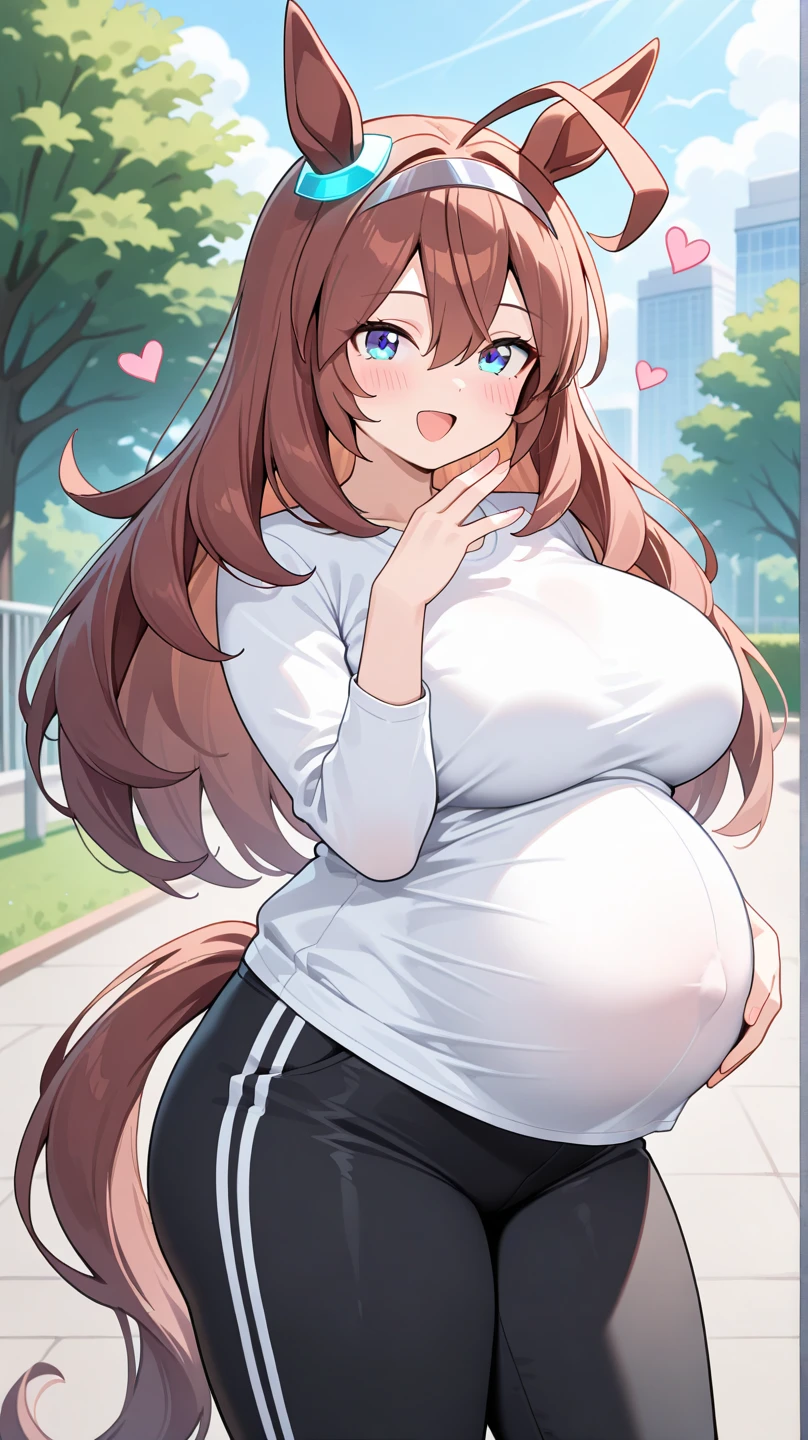Brown Hair,Long Hair,Red eyes, Wolf Girl,Wolf Ears,Wolf's tail、Large Breasts、T-Shirts(tight)Maxi Dresses、pregnant abdomen、Sticking out tongue、smirk