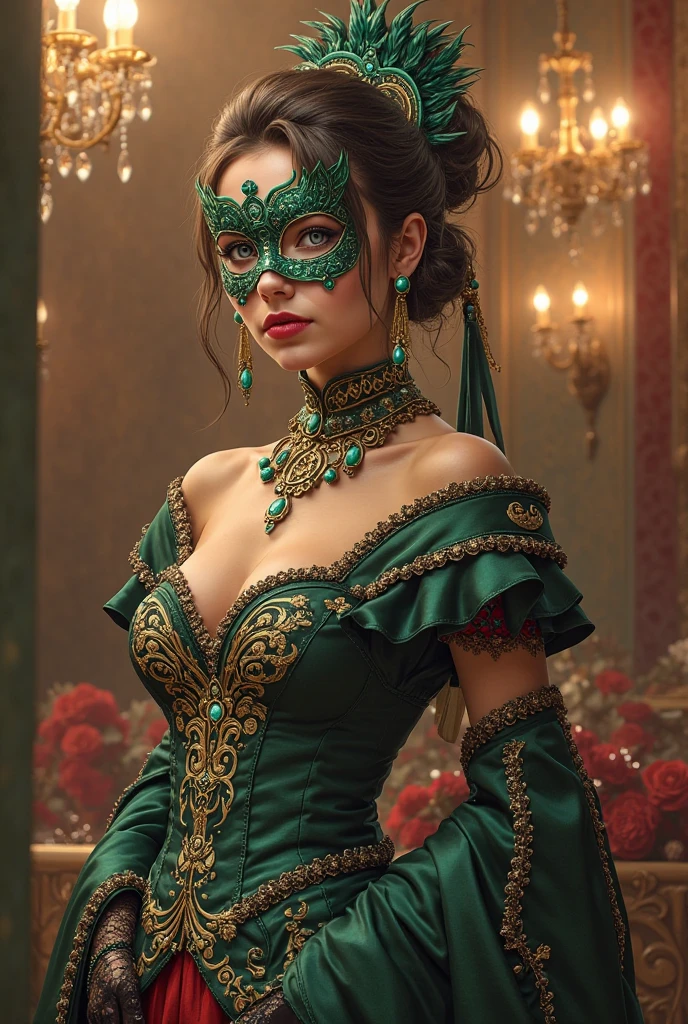 (medium full shot) of vintage young woman, tiny build, long blonde french twist hair, swedish, tan skin, green eyes, wearing a (venetian ball mask), gold satin gown with with rhinestone embellishments, elegant heels with stylish accents, dark plum lipstick, pearl necklace, set at a masquerade ball, in an opulent luxurious castle, where every corner speaks of grandeur, featuring plush velvet draperies, intricately carved wooden thrones, richly woven tapestries, during sunset, ,Masterpiece,best quality, photo, realistic, very aesthetic