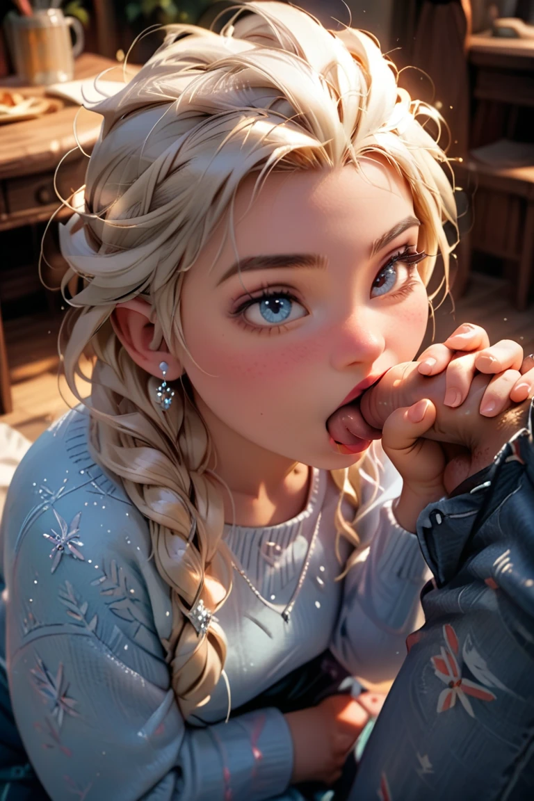 Beautiful girl, blue eyes, white hair, detailed facial traits, national turkic female dress, naked breasts, yurta behind, it's snowing, blowjob, 15 cm male penis