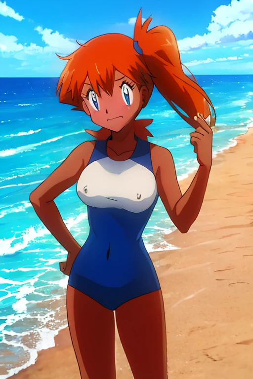 summer.smith, black eyes, orange hair, ponytail, floral pattern, sandals looking at viewer, smiling, standing, outside, beach, sunset, dusk, high quality, masterpiece, big breasts, wide waist, slim body, sexy, naked body, pussy, shy, squatting, spread legs, skinny legs, skinny hands,