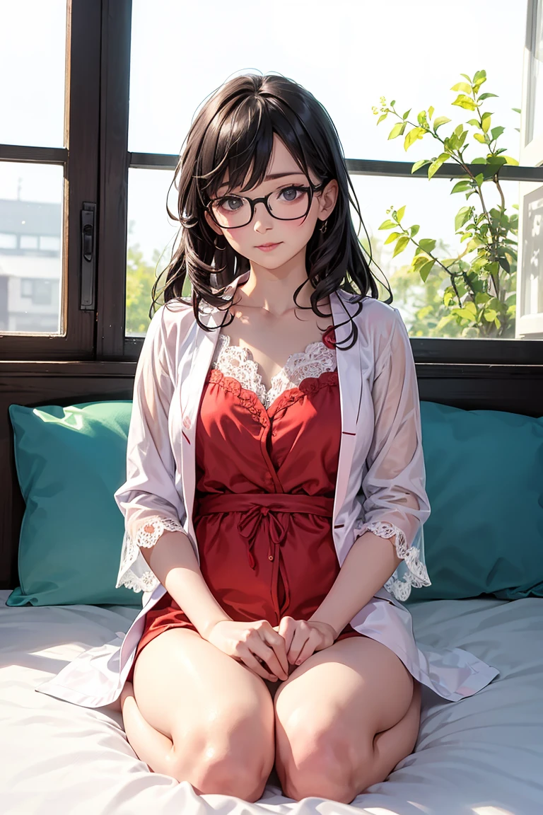 1 girl,(Improved quality:1.4),(Top quality True Texture Skins), delicate face,black hair, gradient hair, body,(완벽한 body매:1.1), There is a jewel on the forehead, Rimless glasses, sparkling eyes,long eyelashes,smile with one's teeth exposed, Hyper-photorealism, cinematic lighting, Insert projection, surrealism, hyper hd, masterpiece, 16,000,lie down,Dream On,Wear transparent silk pajamas,camel toe,Open your legs slightly,tattooed,A space of illusion,luxurious space