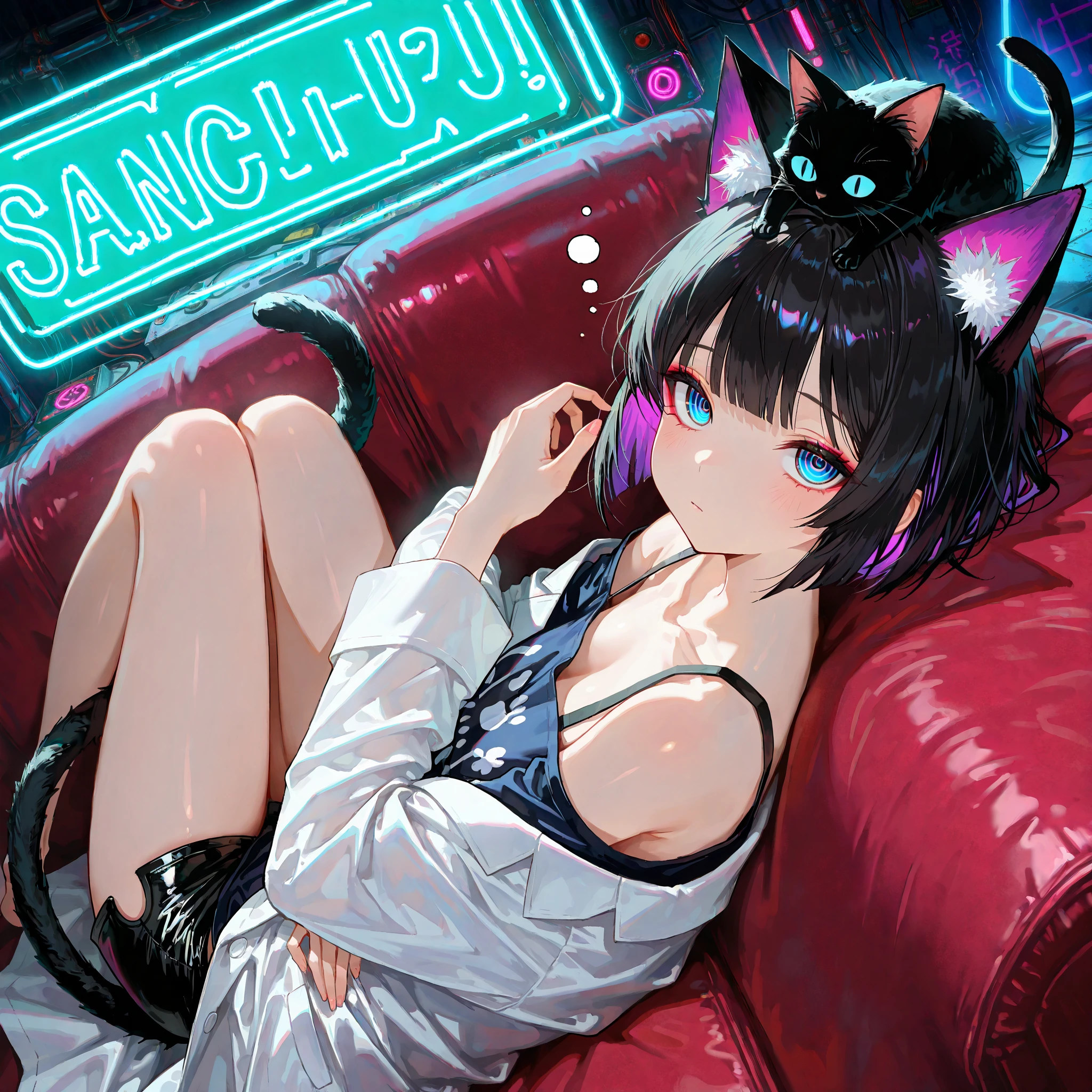 Summer night in neo-Tokyo: a futuristic home interior. An alluring 18-year-old girl with long, vibrantly-colored hair relaxes inside, her curvaceous figure accentuated by a revealing bra top and short shorts. Adorable cat-ear headphones sit atop her head, adding a playful contrast to her seductive gaze. The oversized headphones are now worn on her head instead of hanging around her neck. Vinyl records and holograms surround her under neon lights. Through the window, a futuristic cityscape glows. She embodies a tantalizing blend of retro charm and futuristic allure as she lounges in her home. Blend of retro and futuristic aesthetic in a colorful setting.