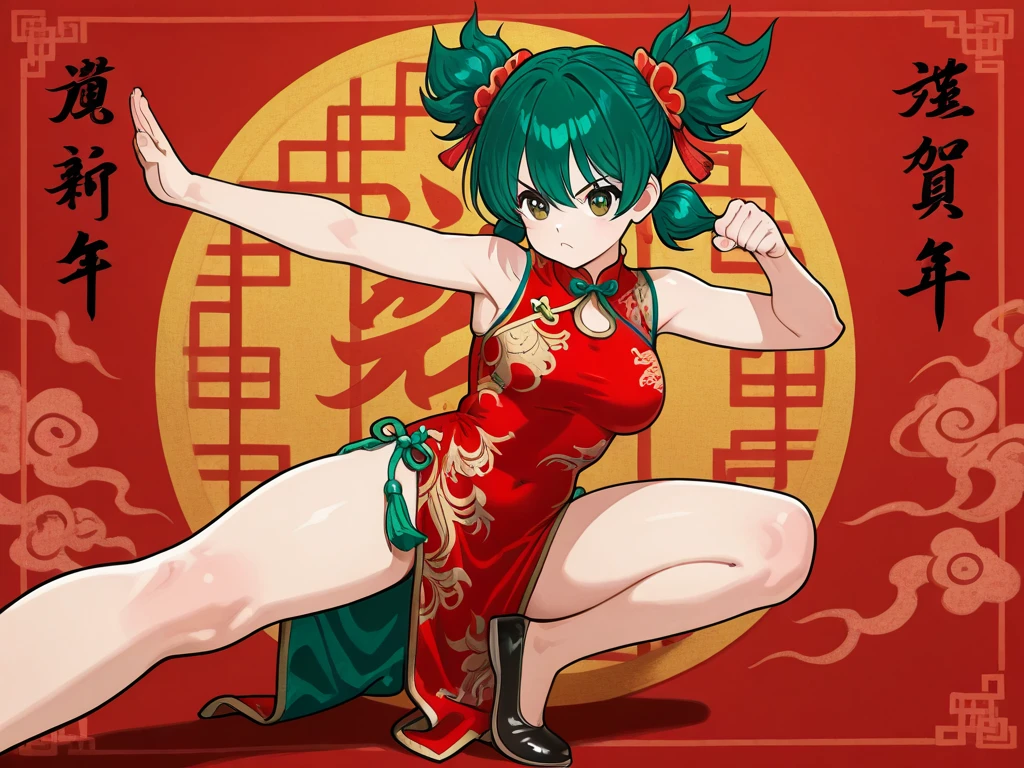 (Best Quality、masutepiece)、1 Women、plump body、Erotic、Fold your hands behind your head 、Red Long Cheongsam、side slits、Colossal breasts、Big ass、shinny skin、Double bun、Green eyes、Green hair、short-hair、thighs thighs thighs thighs