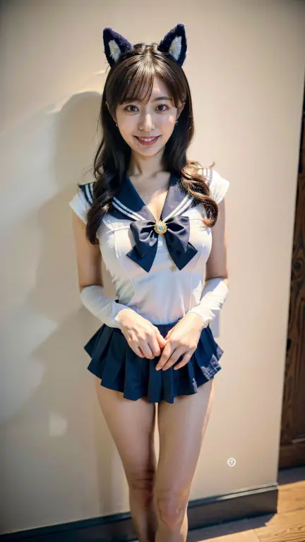 (8k、RAW Photos、highest quality、masterpiece:1.2)、(Realistic、Realistic)、1 girl、((Sailor Moon Costume:1.3)、Large Breasts,Full body from the front))、Lots of eyelashes、Glowing eyelids、(((skeletally correct)))、smile、This photo will awaken boys to sex、(((Standing and flipping up her skirt、Showing panties to the camera)))、(((Lifting the skirt higher and higher,、Show your panties to the camera)))
