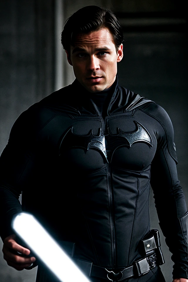 portrays a man with brown hair with a side-by-side hairstyle with a taper fade, wearing a black Batman suit but without the mask, posing looking at the camera.