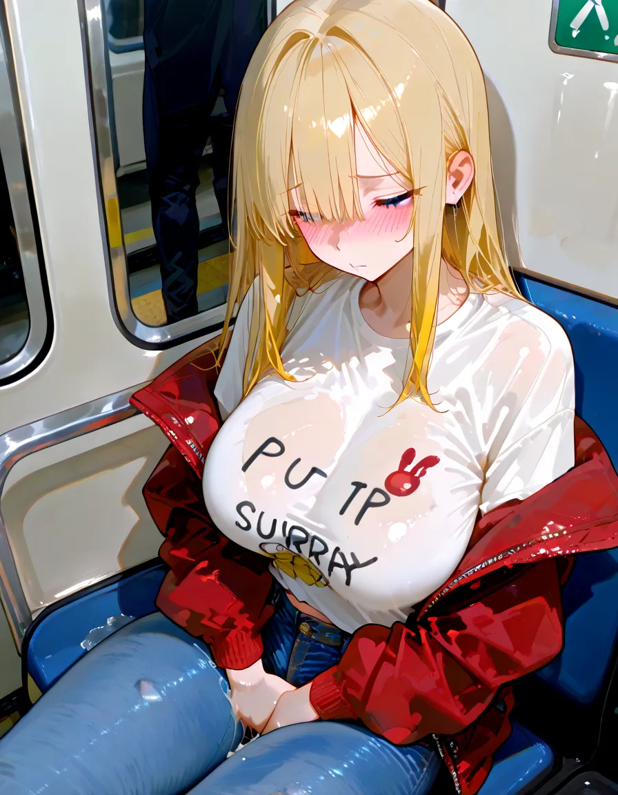 cynthia, blonde hair, long hair, hair over one eye, hair ornament, very long hair, large breasts, wavy hair, grey eyes, black shirt, long sleeves, jeans pants, denim, huge breasts, shirtlift, milf, motherly, mature female, big tits, mature woman, huge tits, milf, nude, sweating, blushing, open mouth, tongues out, in a train, on passengers seat, sitting, ((best quality, masterpiece, high resolution)), (detailed face, detailed eyes), (good anatomy), (((cum on tits))), (((White liquid))), (((Cum on mouth)))