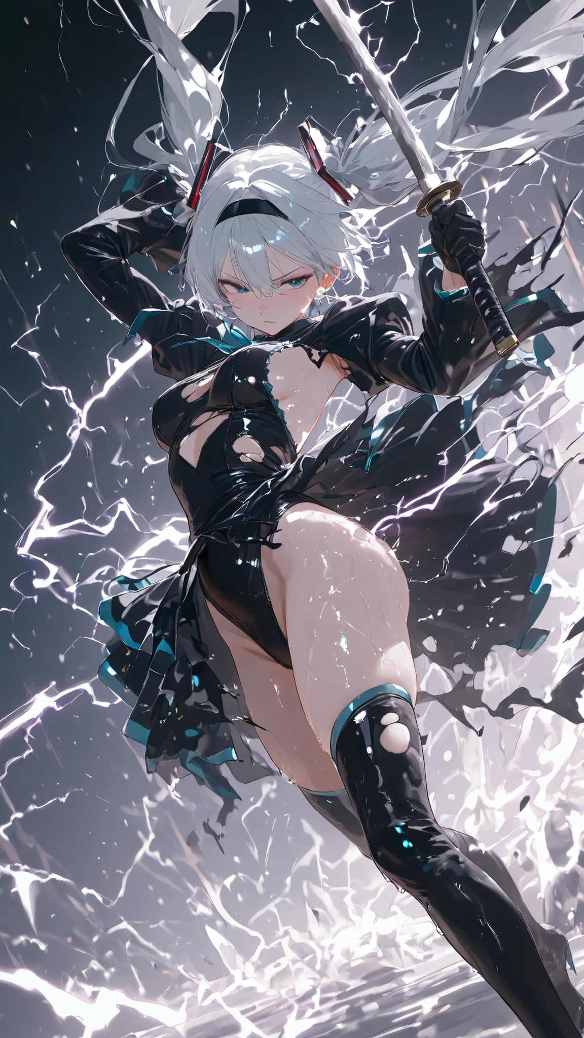 female character,short white hair,blue eyes,black horny, black dress and with powers and black horns 