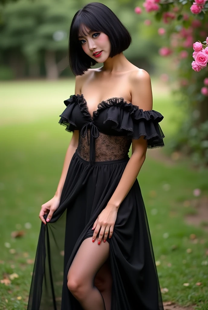(((upper body shot))),(((sagging breasts))),(((nipples))),(((Nude))),Ultra-high resolution,big eyes,((brown eyes)),Japanese,(forehead),(a girl),(1 girl),((17 years old)),(cute),pretty,((facing at viewer)),arms behind back,grin,(((black lace clothes)))