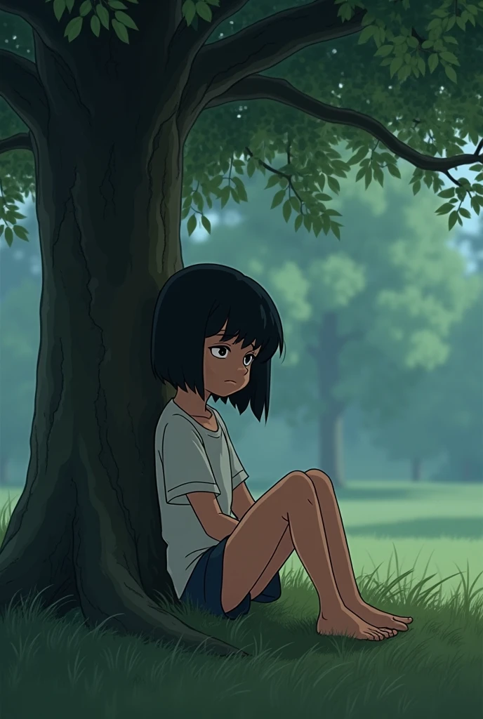 akiko yoshida, 1girl, black hair, solo, ponytail, sweater vest, school uniform, orange skirt, black eyes, shirt, short sleeves, <lora:Akiko_Yoshida_Leaf1:0.8>, sitting, sitting on rock,