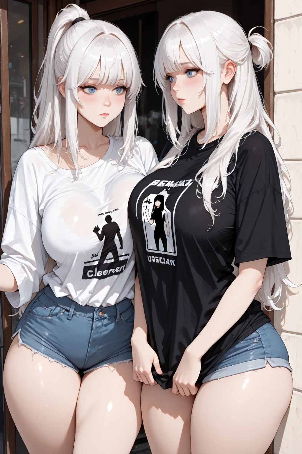 Silver hair ponytail, A dark-skinned woman wearing a black dress shirt and slim jeans is preparing fried shrimp。. Showing your belly button Alluring thighs A lot of fried shrimp