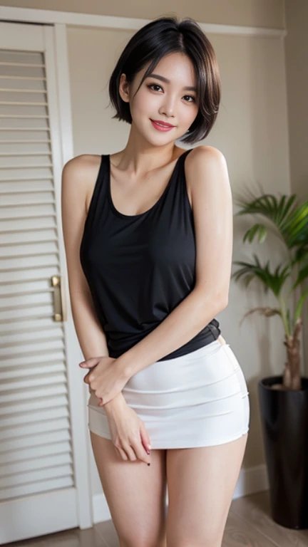 One girl, Short sleeve black t-shirt, short hair, 20-year-old Japanese, beautiful, cute face, pretty face, neat, smiling, 8-head body, height 165cm, weight 48kg, bust 83cm, waist 60cm, hips 82cm, Small breathts, Living in Hiroshima City, A college student aspiring to become a model, (((full body))), full face