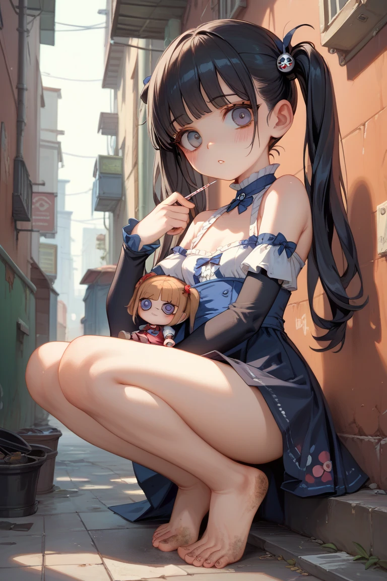 (8K、Photoreal、raw photos、highest quality: 1.3)、(((1 girl captured by criminals)))、((wrists tied behind the back with ropes:1.3))、Rich details、perfect image quality、beautiful face、perfect beautiful face、fallen face、shy、dark brown messy hair、bob cut、Braid、dark blue eyes、private server、off shoulder、Looking at camera in knitted sweater、cowboy shot、(((spread legs)))、after that