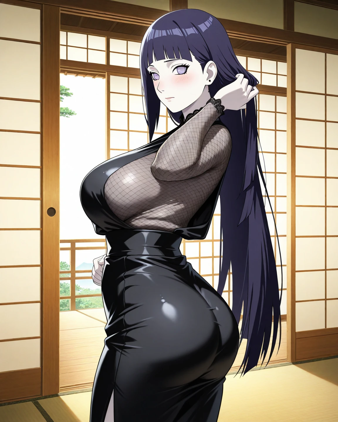 Hinata purple hair, pink eyes, huge butt and , micro bikini,