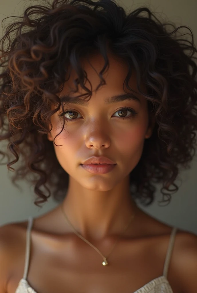 Masterpiece. Best quality, Young woman with brown skin with green eyes and curly hair posing for a photo, soft portrait shot 8 k, belle jeune fille, Belle image portrait, photo of a beautiful woman, visage et yeux parfaits, magnifique portrait de visage, belle jeune femme, Belle photo portrait, beautiful model girl, extremely beautiful face, Very beautiful young woman, beautiful girl model, Beautiful 8K UHD portrait lighting, DSLR, High quality, grain du film, Fujifilm XT3