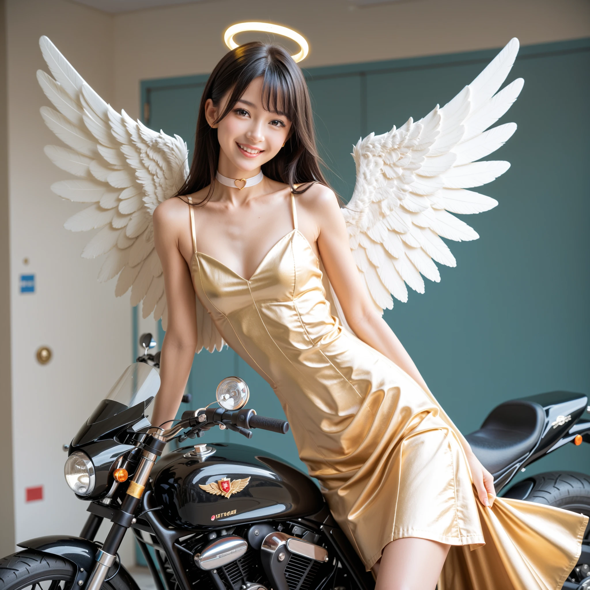 draw a hyper futuristic, female, confident, yellow wings, white latex dress, model, cute, Japanese, beautiful, yellow background, ultra realistic background, hyper detailed background, yellow clouds, dreamy, fantasy, hyper detailed, hyper futuristic, detailed illustration 4k, full body pose, fantasy, volumetric lighting, soft natural lighting, depth of field, cg rendering, bokeh, automotive photography rolling shot, fashion photography, Pulitzer prize winning photography,
