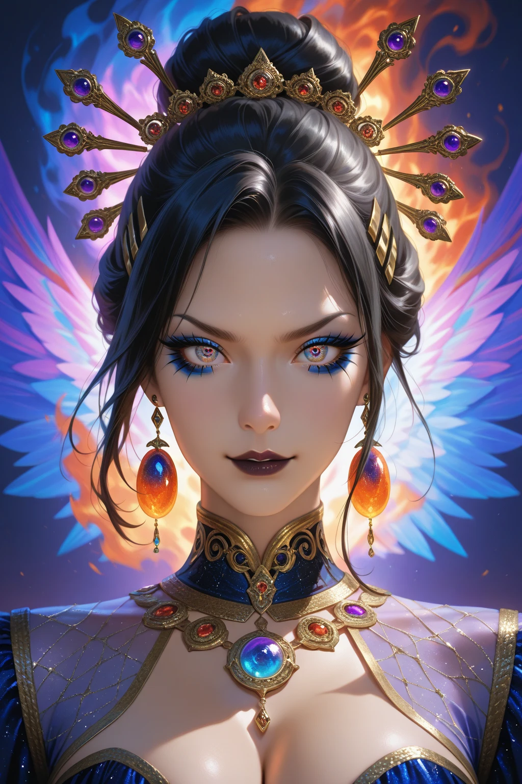 (((masterpiece))), (((Best quality))), ((ultra detailed)),(highly detailed CG illustration), ((an extremely delicate and beautiful)), Cinematic light, Create a stunning work of fantasy art that imitates the style of current masters of the genre. The artwork should contain elements of both mythical fantasy and sorcerer's tale fantasy with dreamy rainbow accents. ((Use rainbow as the main color scheme.)) The character in the artwork is a small, delicate but strong figure, with an aura of mystery and magic. (beautiful translucent wings). Pay close attention to intricate facial features, such as fascinating eyes with vibrant colors and bold shading. The character's clothing should be designed like that of a sorceress, silk, stunning embroidery, and subtle iridescent details. Incorporate (((Translucent rainbow))), dreamy colors, dynamic lighting, and detailed background elements to create a sense of wonder and immersion. Includes colorful magical flying birds and jewel-toned firepower that radiates a magical aura. Consider the latest trends in fantasy art, such as incorporating unique lighting effects, exploring dynamic and compelling composition techniques, and experimenting with unique color palettes. Get inspired by the best artists on ArtStation and Midjourney. Camera: Choose an angle that highlights the beauty of the character and enhances the magical majesty of the artwork. Lighting: Use atmospheric lighting techniques to create depth and mood. Resolution: Aim for a high-resolution artwork to show intricate details and clarity. Artistic Inspirations: Find inspiration from trending artists on ArtStation, exploring different styles, genres, and themes.