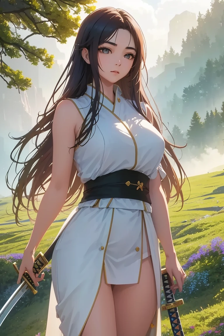 8k, highest quality, masterpiece, Very detailed, Semi-realistic, girl, girl, 20-year-old, Look at your hands, Long dark brown hair with bangs, Curly Hair, Green Eyes, Black Japanese-style cut clothes, White pants, Exposing shoulders, golden details, Thin body type, Cold look, Battle Scenes, Outdoor, Forest Background, Lots of trees and dark skies
