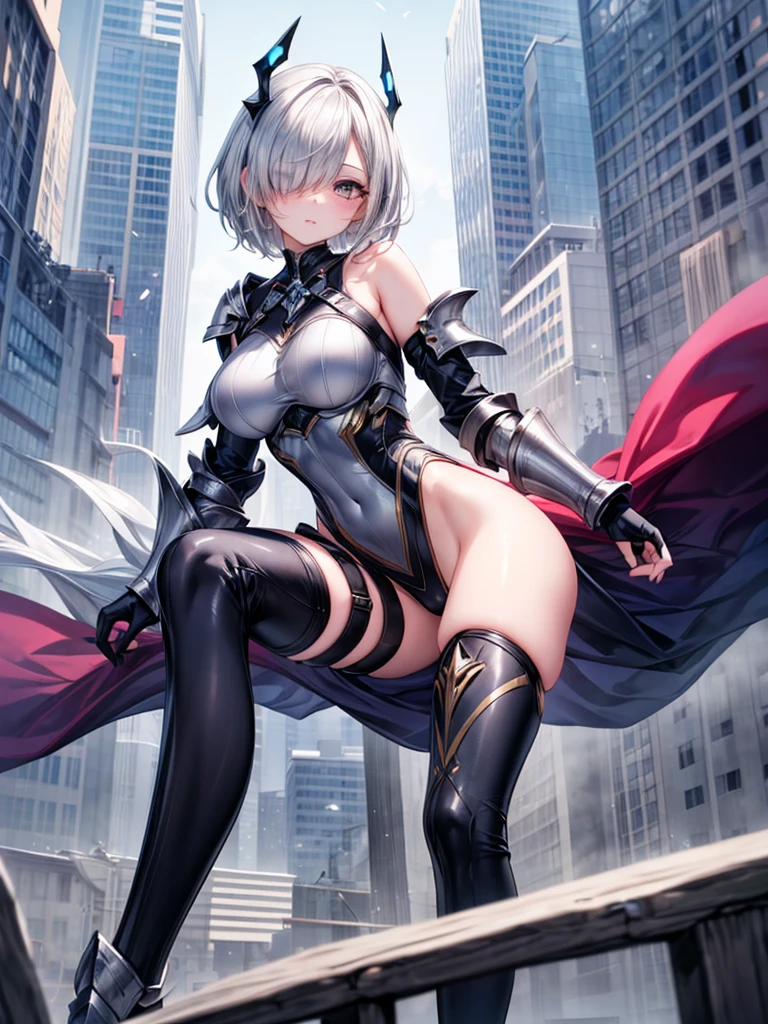 fantasy, 1girl,young_teen, ,silver_hair, short_hair, long_bangs, bare_shoulder,thighhighs,silver_armor, waist_armor, large_breasts,half_eyes,floating, bare_crotch, headgear,gauntlet, greaves,city_background,slightly_spread_legs, solo, groin_naked,(hair_over_one_eye:1.5),rise_knee,rise_leg,