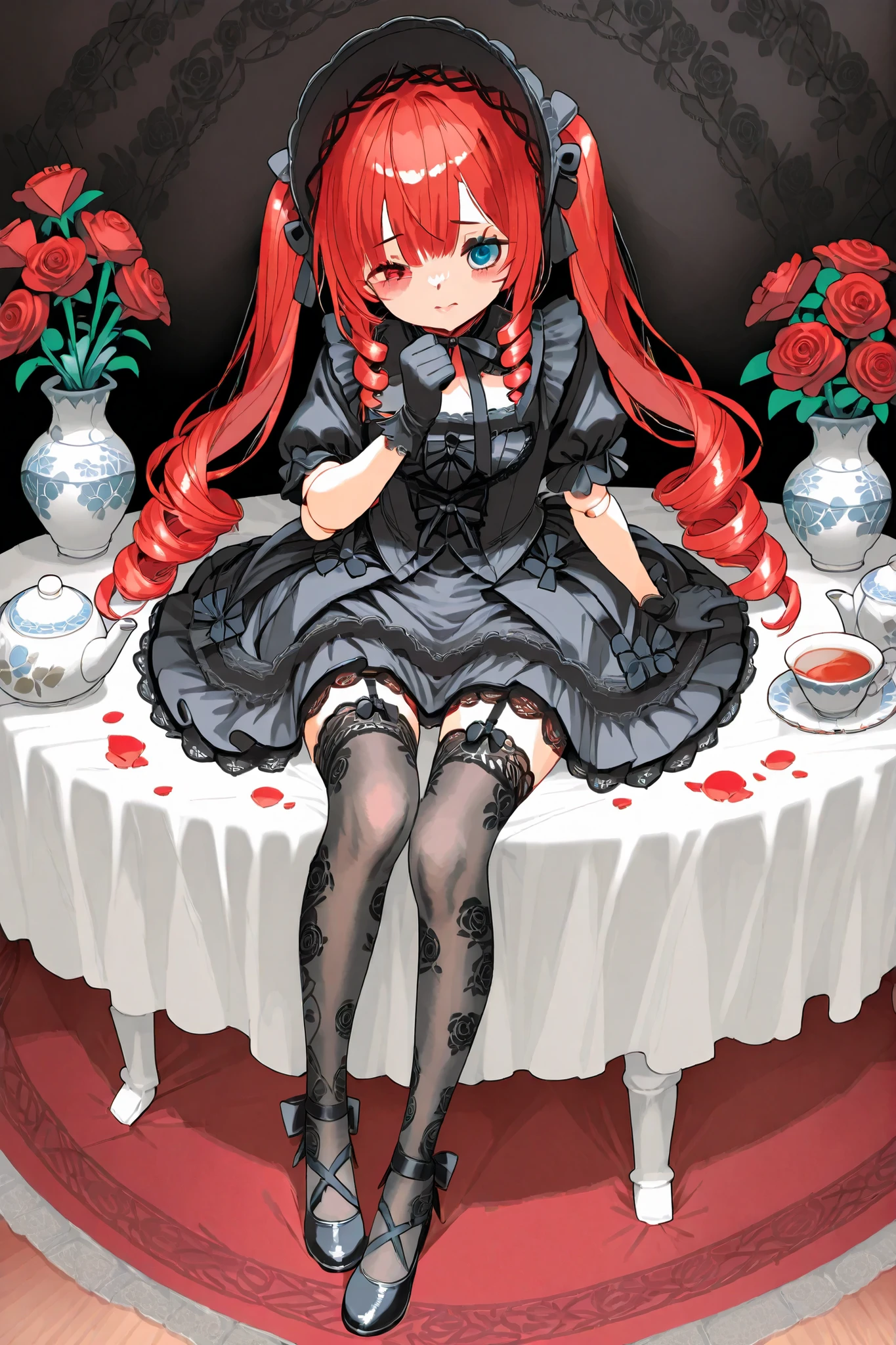 Alive  doll girl, she is petite vintage cute porcelain live-doll. her body is made of porcelain and the joints of her limbs are hinges. There's a crack in her porcelain upset face. She has scarlet red kinky hair is styled in two ringlets pigtails.  She has heterochromia, one eye is blue the other eye is yellow. She wearing black long lace puffy dress Gothic Lolita  dress with bows and roses, lace stockings with garters , mary jane shoes with bows. she wearing silk lace black gloves. She wears a black bonnet with roses and bows on her head. On The Background: rose garden with belvedere , a vintage table with a cups with tea, a teapot, a vase with roses on it.