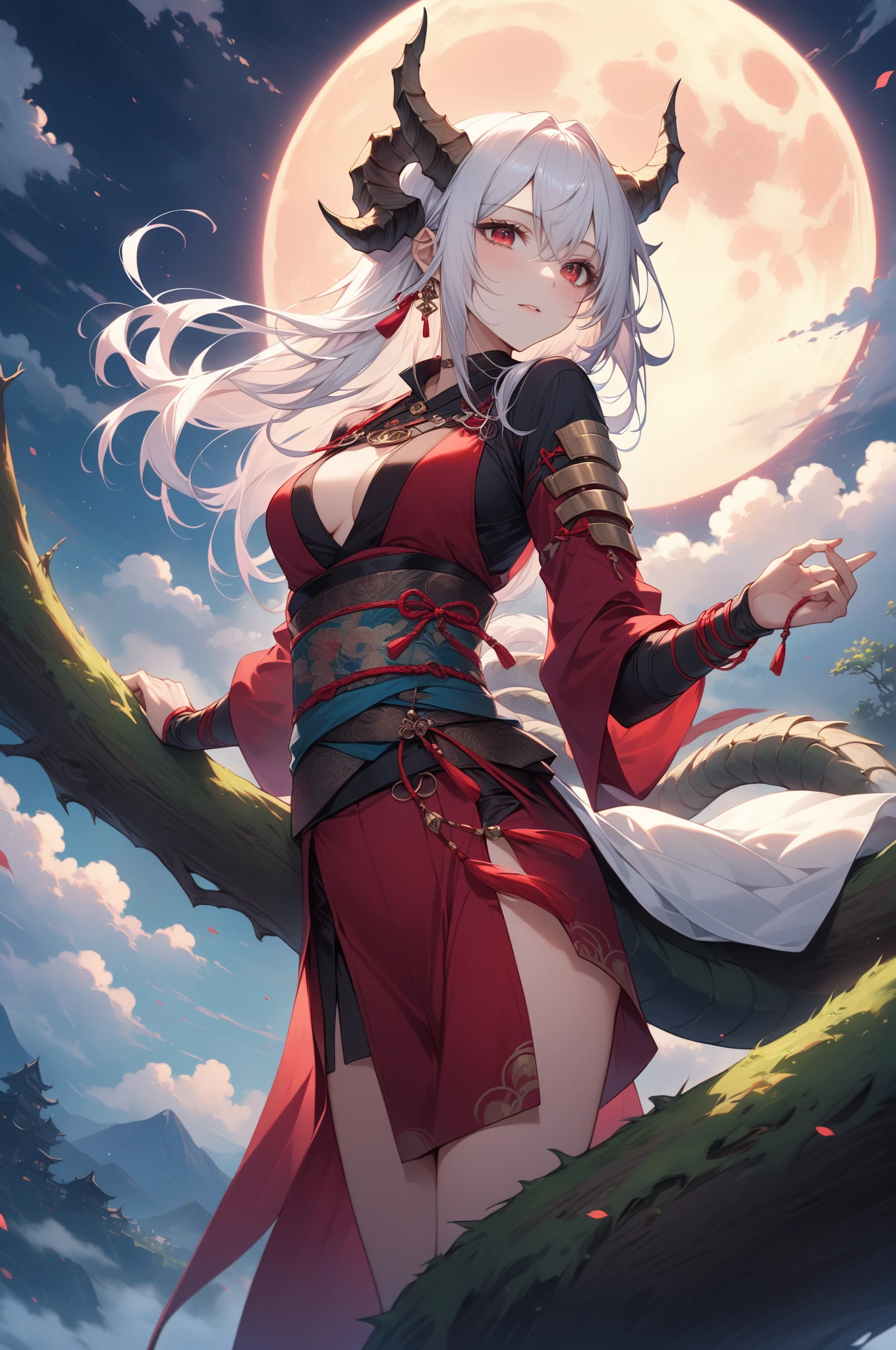 A masterpie、best qualiy、chinese fairy、1girls\(Lori\)and Iris Red Dragon:15,((Chinese dragon glaring at girl)),Solid dark gray background,Red Moon,Magnificent cityscape, A masterpie, best qualiy, hig quality,(Has a dark red glow and red eyes、Dark shapeless creatures surrounded by darkness:1.2), (In profile), (dark:1.2), abstraction, subnautica, award-winning photo, Depth-of-field, HDR, extremely detaild, trending on ArtStation, Trending in CGSighbour, intricate, High Detail,(masterwork:1.2、best qualiy)、(Best lighting、extremelydelicateandbeautiful)、(Best lighting、extremelydelicateandbeautiful)、(Beautiful detailed face)、(Detailed eyes and detailed face:1.2), (Young girl, Little beast, 1girl, 独奏, Crazy smile, pale skin,Ｇcup,cleavage breasts,19 piercings,((tattoos all over the body,Tribal tattoos all over the legs)) gray haired, Red glowing eyes, Dynamic Angle, l vampire), pointy_ears,(Depth-of-field),High Contrast,cowboy-shots,full entire body, ((Chinese kimono with ultra-detailed embroidery)),Punk costumes,