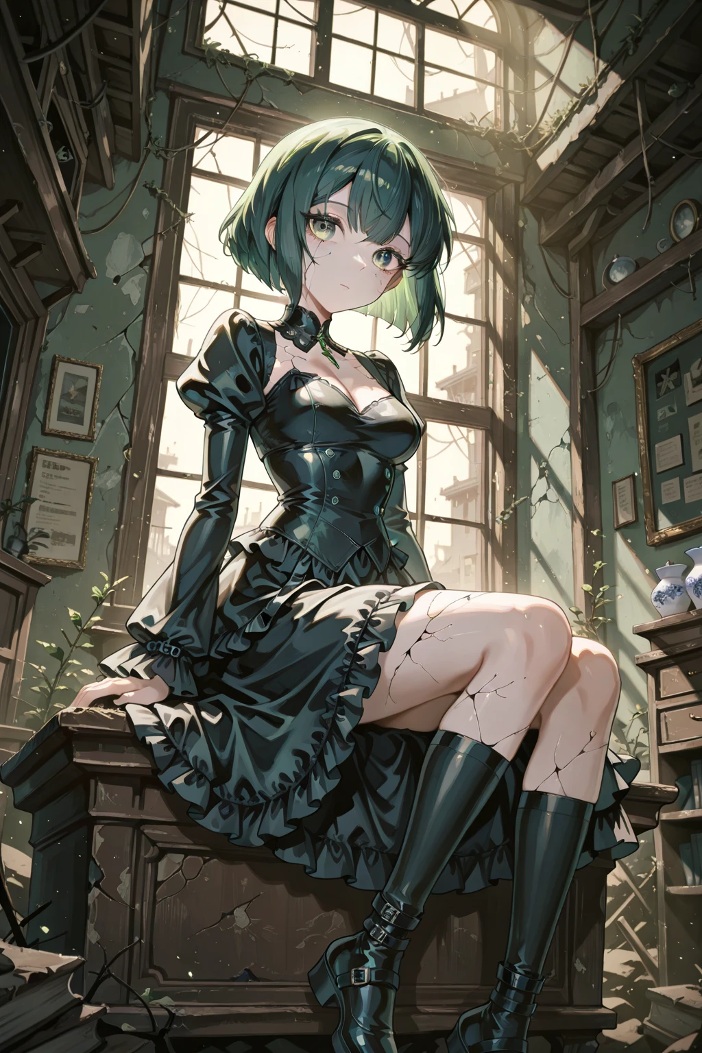 ((highest quality, masterpiece, 4k, finely detailed, detailed eyes, detailed face, gelbooru, pixiv)), warm lighting, ((highest quality, masterpiece, 4k, finely detailed, detailed eyes, detailed face, gelbooru, pixiv)), warm lighting, ((solo)), 1 woman, adult woman, mature woman, wide hips, seductive, ((two demon horns)), ((very sharp eye shape, dark mascara, steel blue eye color)), (((green haircolor, shaggy hair, bob haircut)), looking at viewer, mean expression, ((modern dress, dark black color)), dominant pose, ((pointy ears)), ((modern setting)), standing on top of hill, castle in the background