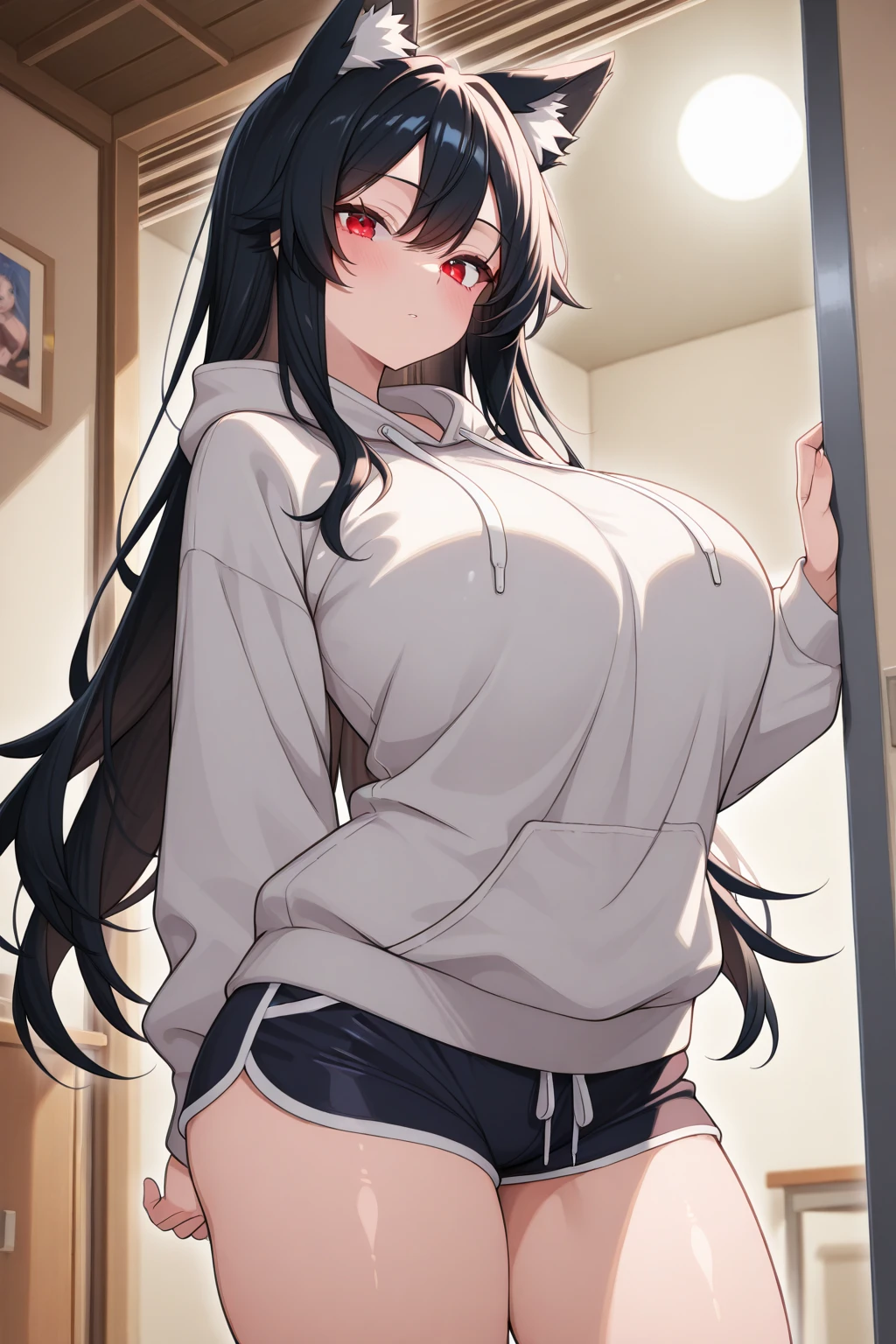Standing, (Very small boobs:1.1), (flat chest:1.0)Hu Tao, default clothing, looking at viewer, pink nipples, flashing breasts, NSFW, Lustful Stare, Tongue Out, Open Mouth With Drooling, Parted Lips, Heavy Breath, ,japan style bedroom, HuTaoV4, 1girl, solo, flower, shoes, shorts, socks, black footwear,short shorts, black headwear, gradient hair, white socks, hat flower, 