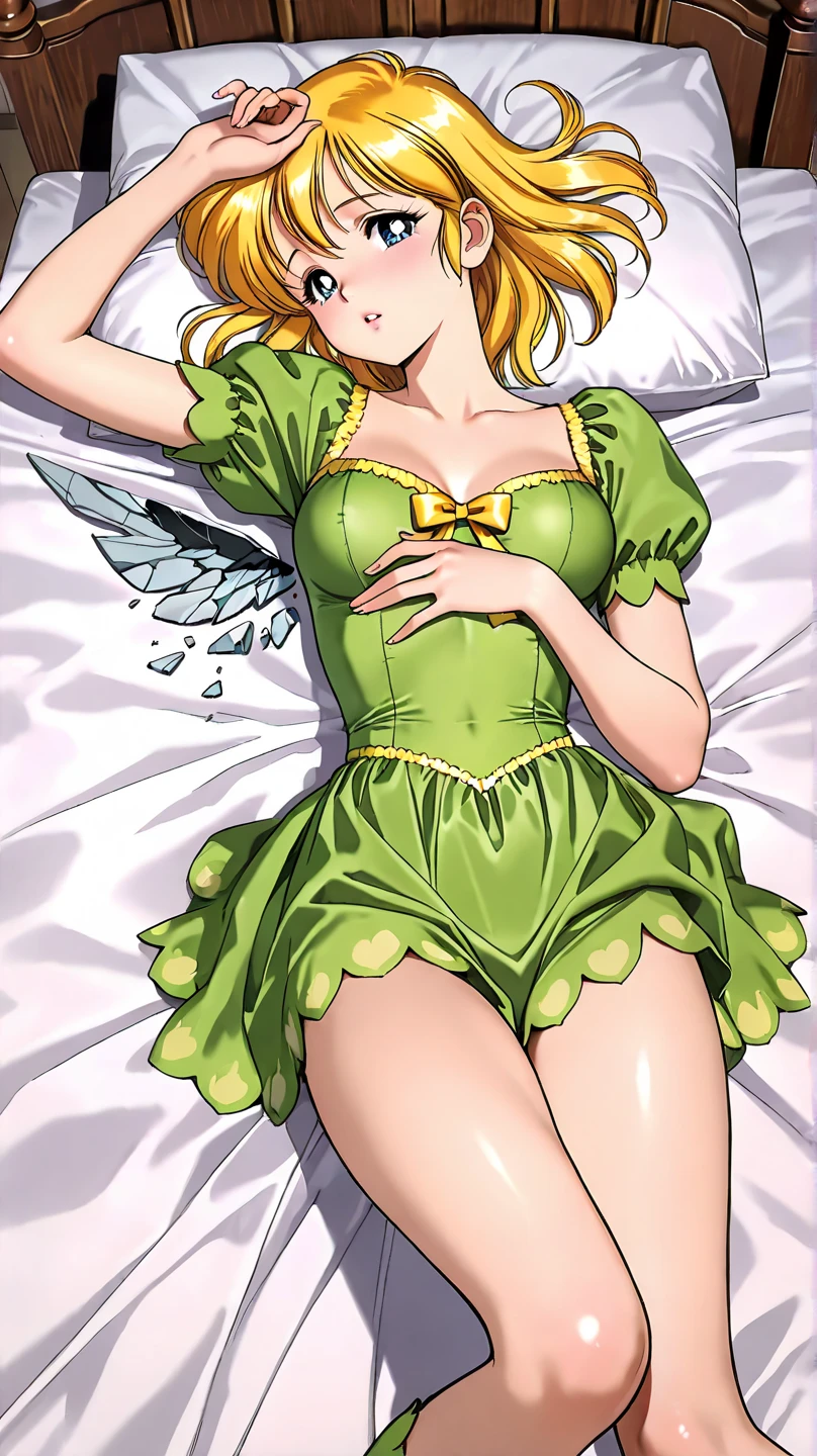  (masterpiece,top quality:1.4),,,a beautiful shadow , Sensei Luna,yellow hair,( OFFICIAL ART) ,runa,my room,((Peter Pan's Tinkerbell costume with a broken wing)),(lying on bed,On your back),makeup