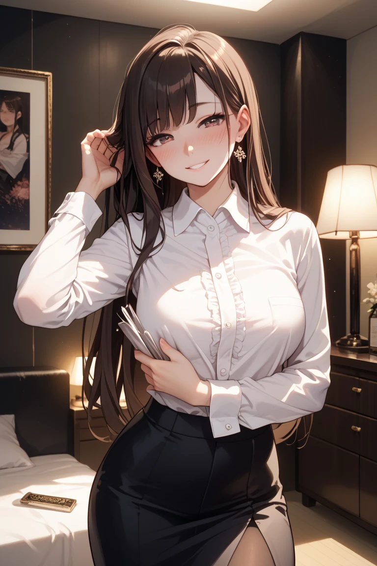 ((((perfect anatomy, super detailed skin)))), 1 girl, japanese, 17 years old, (detailed ultra-oily shiny skin:1.1), watching the view, (smile:1.5),
beautiful hair, beautiful face, beautiful detailed eyes, (long hair:1.4, straight hair:1.7), light brown hair, (beautiful large breasts:1.3), earring,
beautiful clavicle, beautiful body, beautiful chest, beautiful thigh, beautiful legs, beautiful detailed fingers, five fingers, babyface, , breast,
(((long sleeves white collared shirt, black suit vest, black tight skirt, black bow tie), oily shiny thigh, see-through pink panty, extremely sexy, crotch, seductive thighs, camel toe)),
(beautiful scenery), office, sitting, ((skirt lift by myself)), ,
(8k, top-quality, masterpiece:1.2, extremely detailed, , ), (photorealistic), beautiful illustration, cinematic lighting,