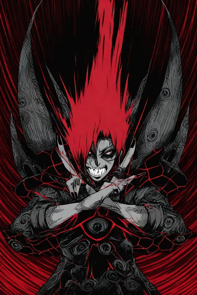 Drawing of a man with a devilish evil smile face and a pitchfork, Holding a hand-held skull trident, no shade,demon boy, creepy demon, and hands of fire