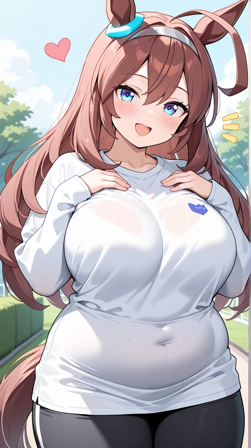 A Cute Girl, (Pretty, Lush, Long, Brown Hair), (Big, Beautiful Blue Eyes), Big Breasts, Enormous Breasts, Extremely Huge Breasts, Massively Overinflated Breasts, Wide Hips, Short Torso, medium length Legs. Wearing a (Tight Red Shirt), and (Worn Blue Jeans), cleavage,